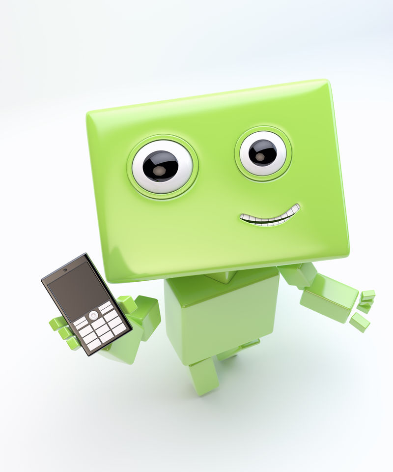 手持和展示手机的现代绿色网络玩具/带手机的可爱机器人