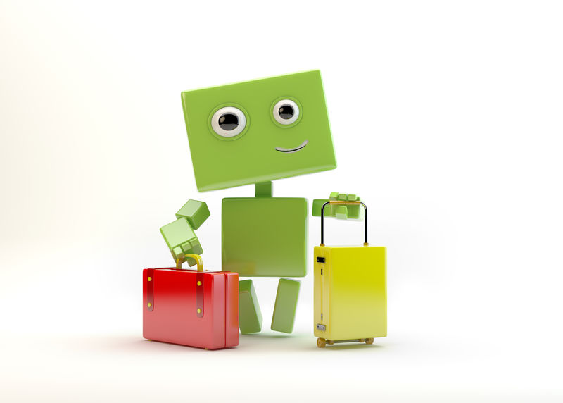带彩色旅行包的可爱机器人玩具度假/带行李的微笑机器人