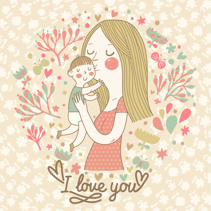 可爱的怀旧矢量卡与母亲和孩子-母亲节快乐-复古花卉背景与妇女和婴儿-我爱你的明信片