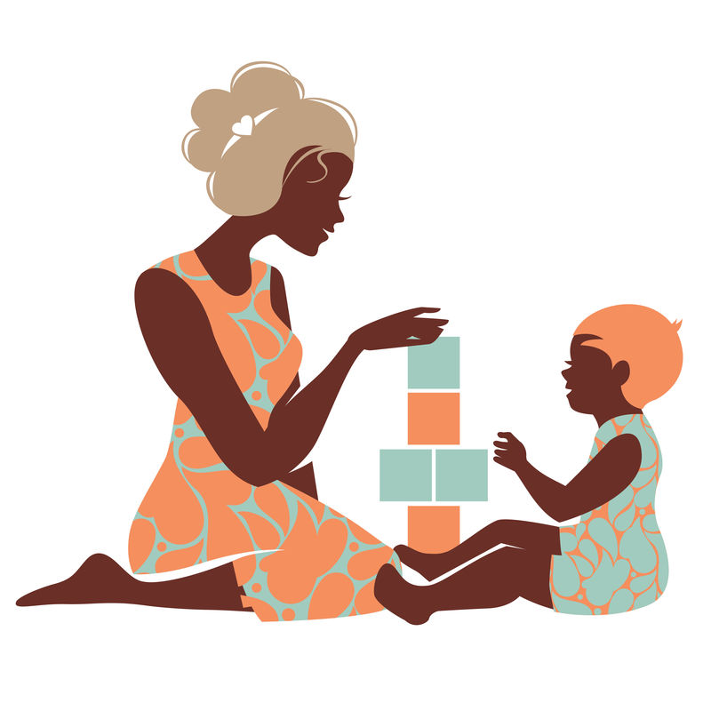 母亲和婴儿玩玩具的美丽轮廓-母亲节快乐