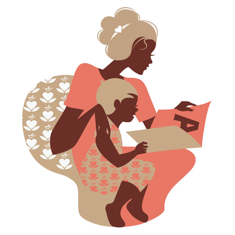 母亲和婴儿读物的美丽轮廓-母亲节快乐卡