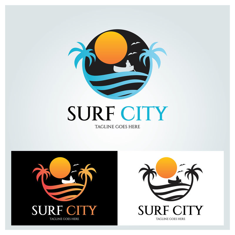 冲浪城市标志设计模板-冲浪海滩标志设计理念-矢量图