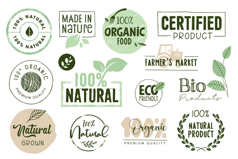 有机、生物、生态自然标识元素集-矢量绿色有机水彩标识徽章、丝带、植物元素、花环、月桂、字母、文字-手绘绘画设计模板-生物绿色矢量