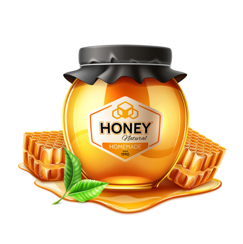 矢量美味蜂蜜广告蜂巢玻璃罐