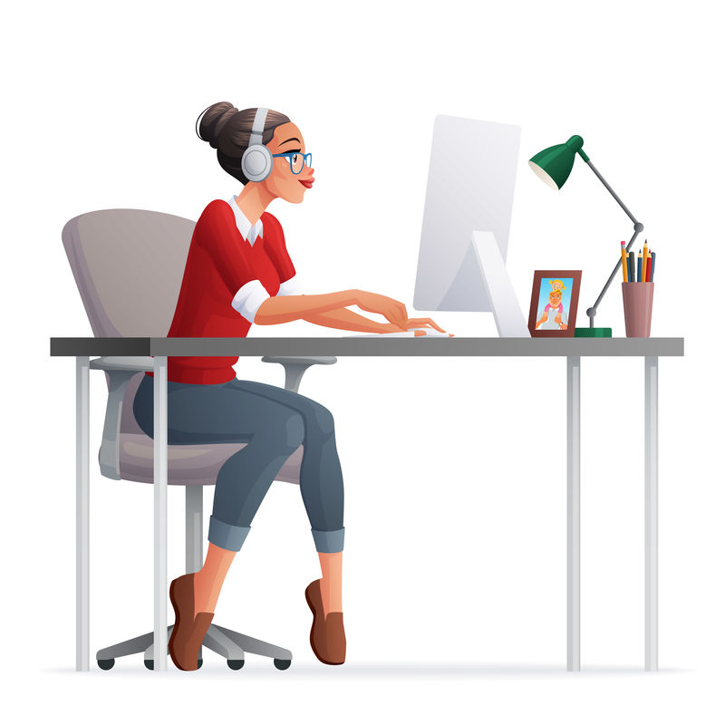 矢量职业妇女在家办公，使用台式电脑。