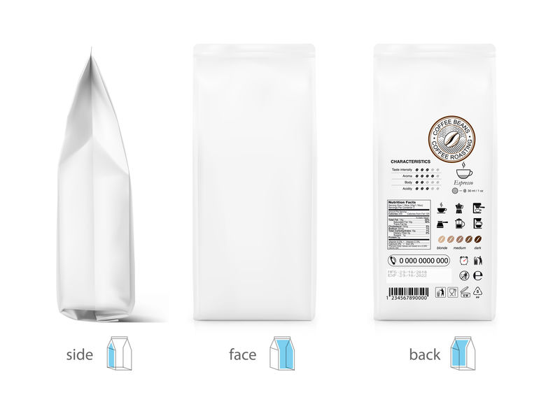 咖啡袋模型-前视图、侧视图和后视图-矢量图-可用于您的设计、演示、促销、广告EPS10