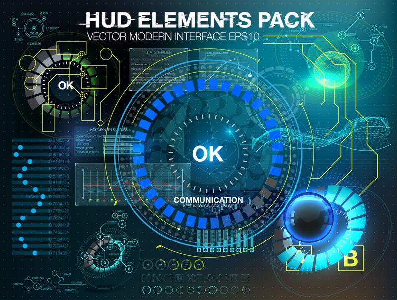 神奇的抽象背景与不同的元素的HUD。大量的各种HUD元件。图表、收视率样式的HUD开关和各种几何对象
