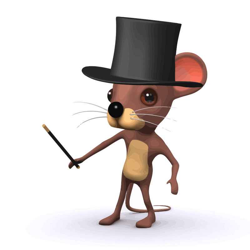 3D滑稽卡通老鼠戴着魔术师的帽子，挥舞着