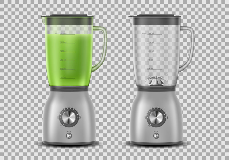 一套逼真的榨汁机搅拌机。厨房搅拌机与有机绿色蔬菜汁和空，饮料3d搅拌机隔离。矢量图解