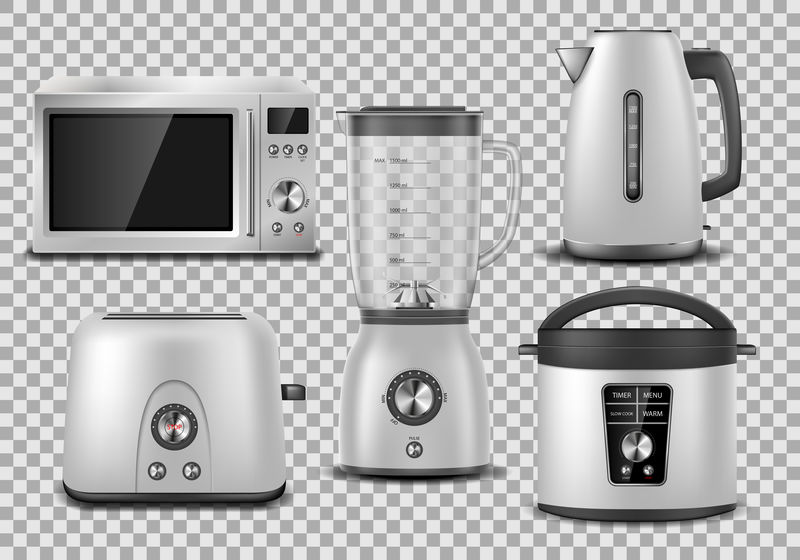 厨房用具。逼真的微波炉，水壶，搅拌机，烤箱，榨汁机，烤面包机，多功能银模型。家用电器矢量图集。