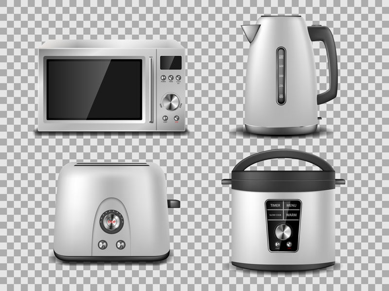 厨房用具模板。逼真的银微波炉，水壶，烤箱，榨汁机，烤面包机，多功能银模型。家用电器矢量图集。