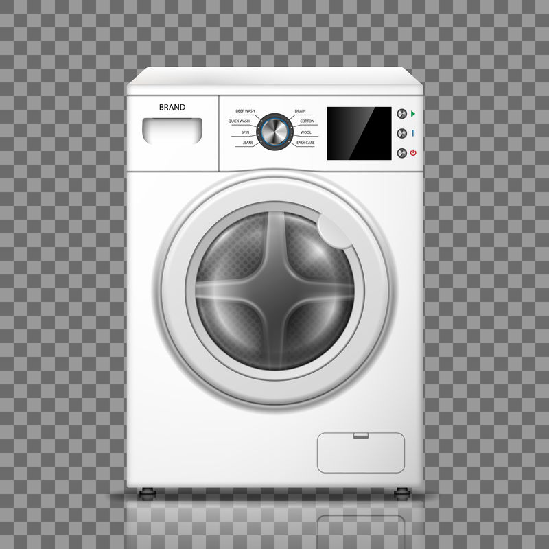 真实的洗衣机隔离在透明的背景上。白色垫圈前视图。现代洗衣机模型或家用电器。矢量图解