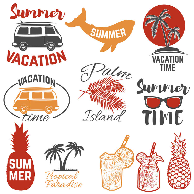 一套夏季会徽。棕榈树，太阳镜，菠萝，苏
