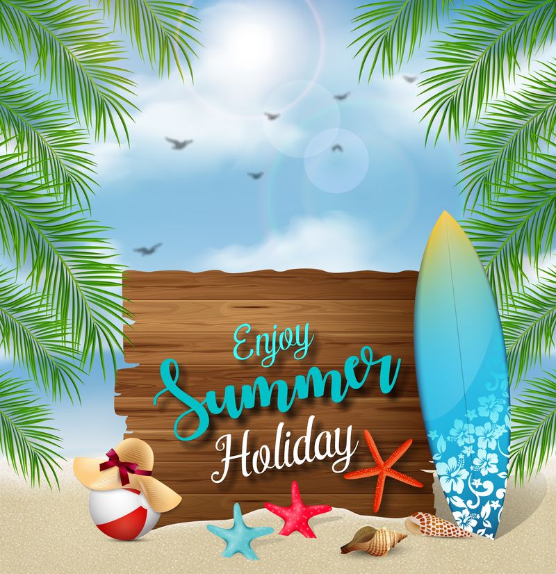 享受夏季假日横幅设计-带有文字和海滩元素的木质标志