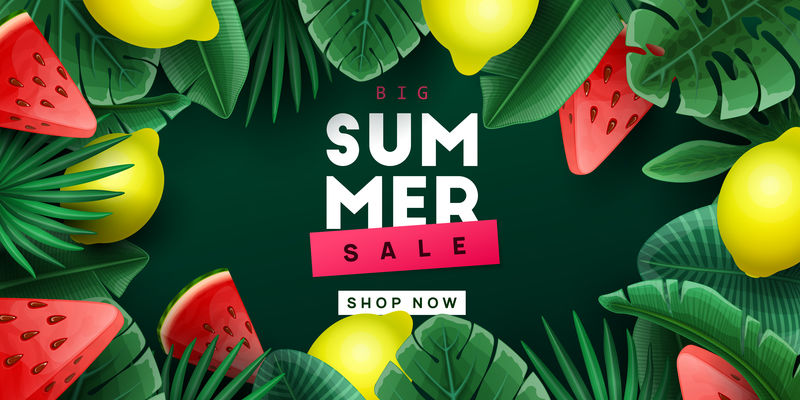 夏季销售背景：热带水果和棕榈叶-矢量图解