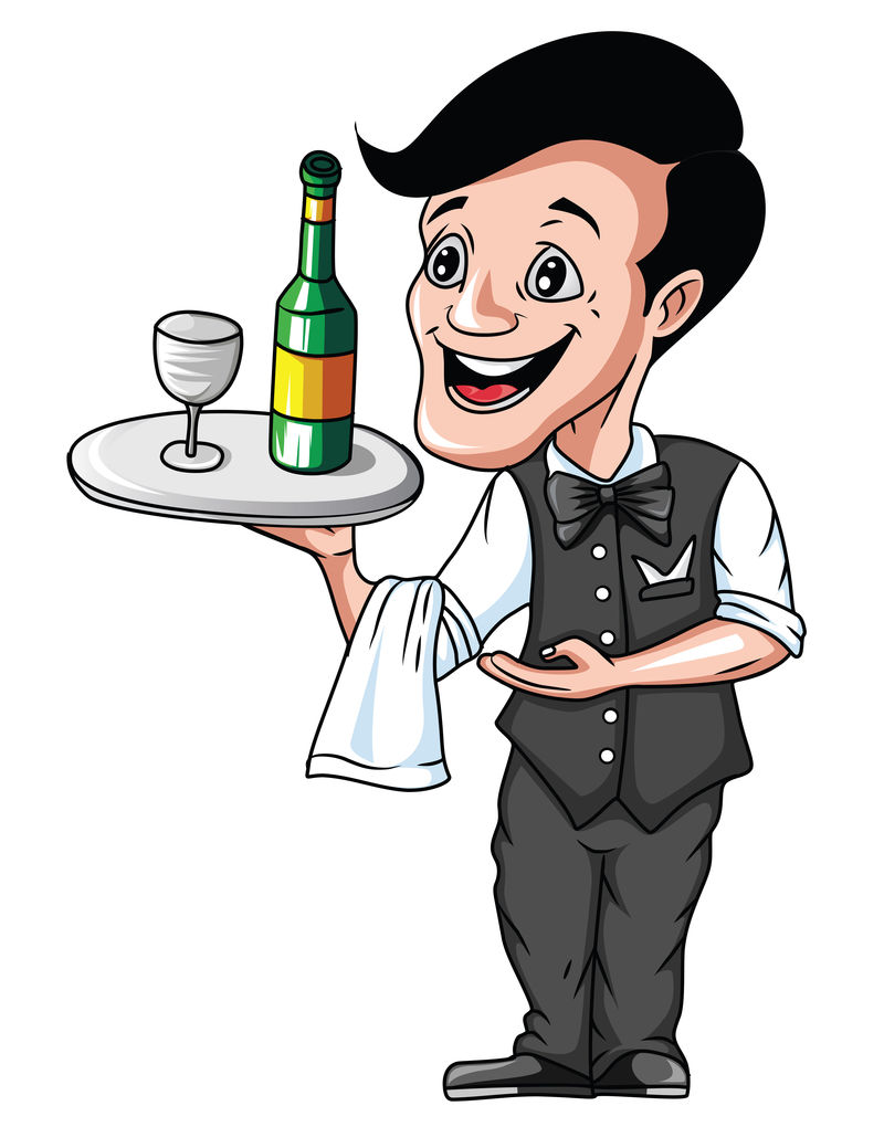 卡通服务员或侍者提供一瓶葡萄酒