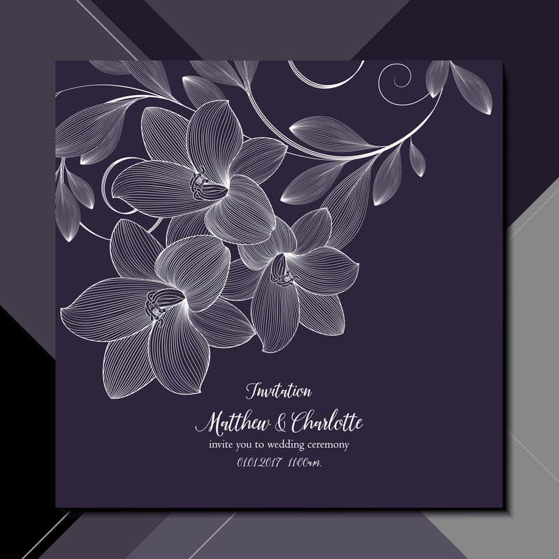婚礼邀请函模板-问候-设计元素-手绘百合花矢量图案-抽象背景上的可爱花卡