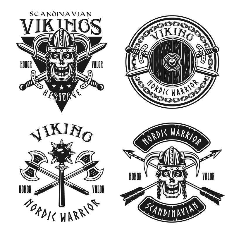 维京人或挪威人战士的矢量标志、标签、徽章、标志或T恤印花，单色复古风格，白色背景上孤立。