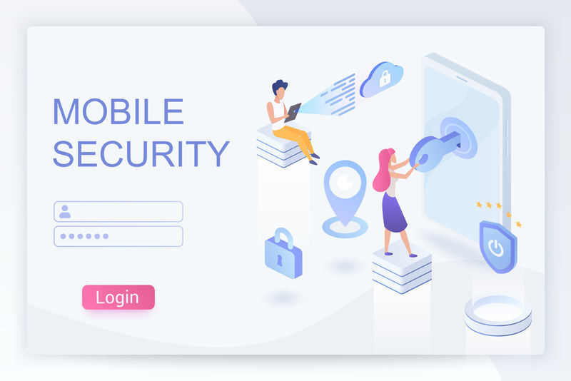 移动安全和隐私等距登录页矢量模板