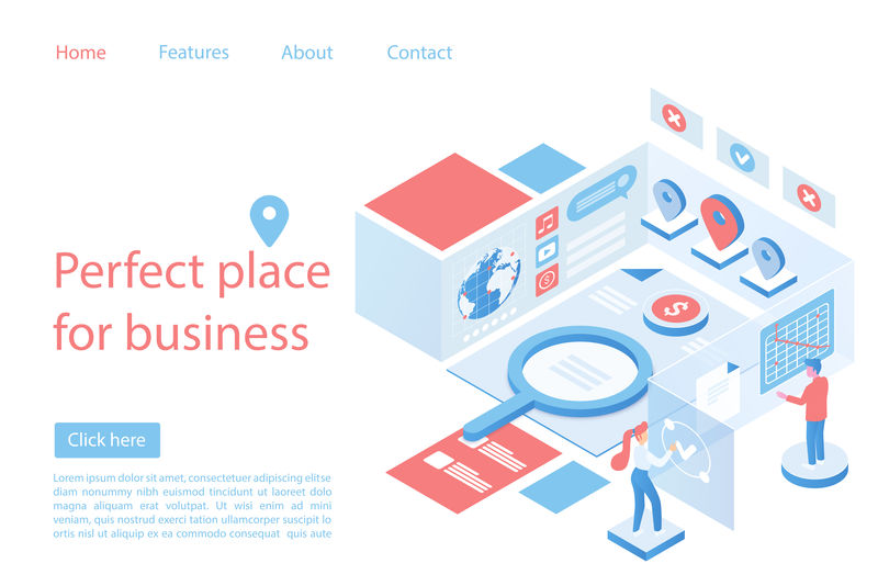 Marketplace，Business Perfect Place登录页等轴矢量模板