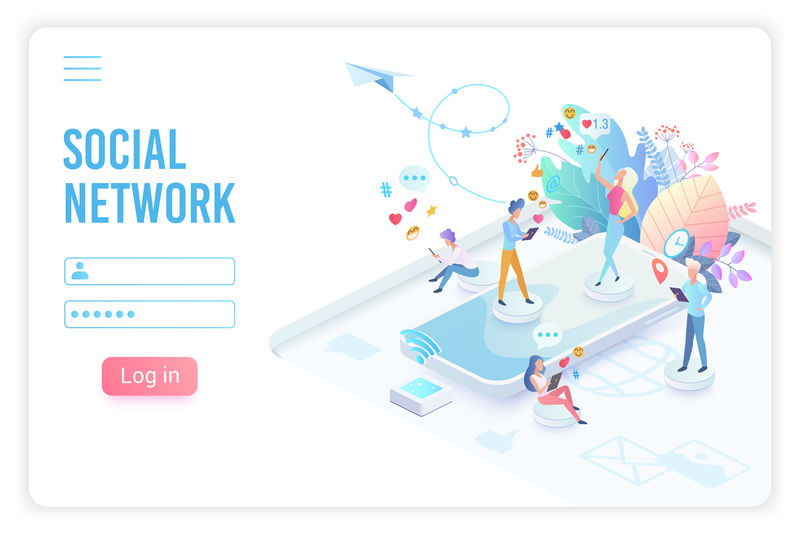 社交网络应用等距登录页面矢量模板