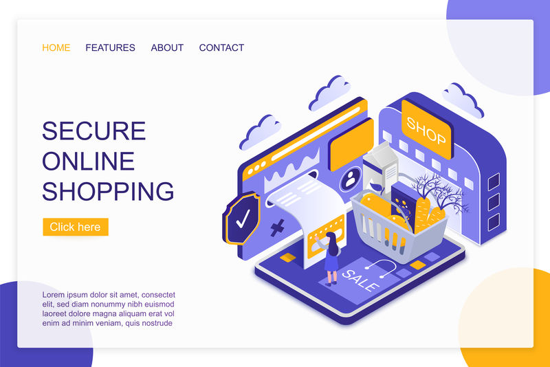 安全在线购物等距登录页矢量模板