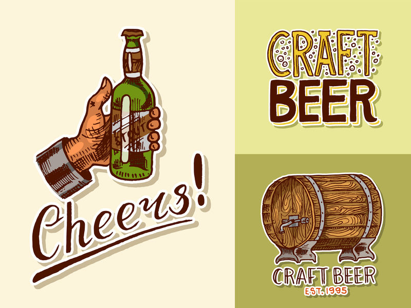 老式啤酒贴纸-带有书法元素的酒精标签-经典的美国海报横幅框架-干杯-干杯-手绘雕刻素描字体-用于网页-酒吧菜单