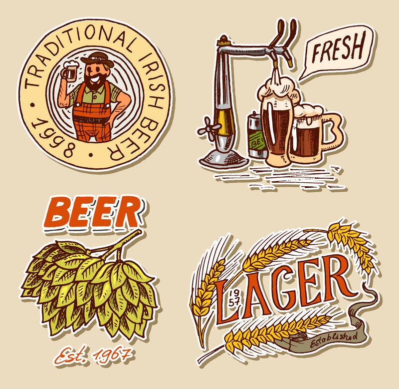 复古巴伐利亚啤酒人-绿色啤酒花-黑麦和小麦-干杯敬酒-带有书法元素的酒精标签和贴纸-复古的美国海报横幅框架-手绘雕刻草图