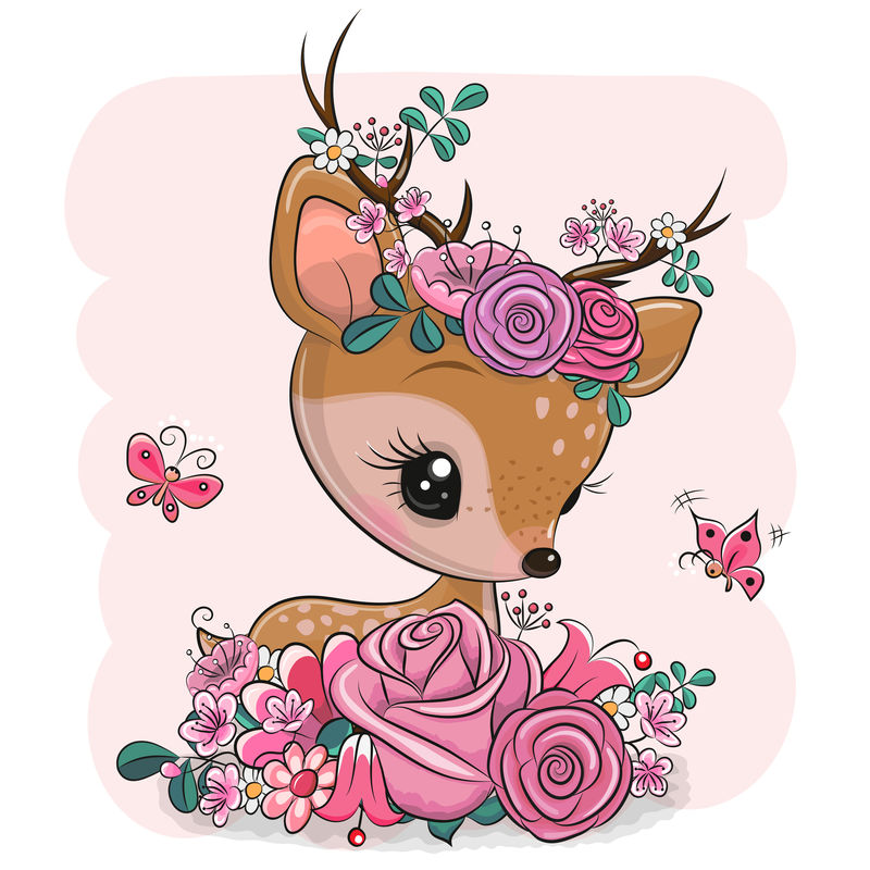 以粉红色为背景的开有花和蝴蝶的林地鹿