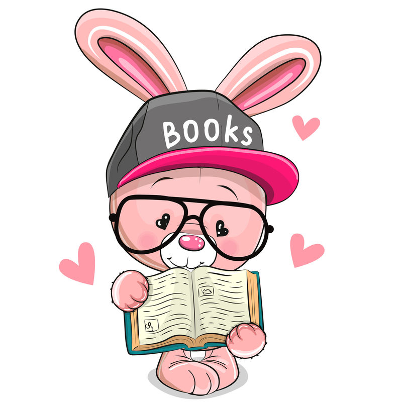 带书帽子的卡通粉红兔子