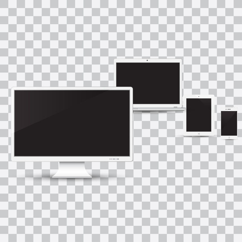 各种现代电子设备，独立背景。矢量图EPS10。电脑显示器、笔记本电脑、平板电脑和带有空白屏的手机。