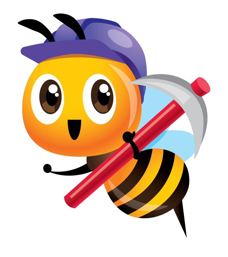 卡通可爱的蜜蜂戴着紫色的安全帽-手持锄头工具-可爱的吉祥物微笑的蜜蜂-矢量图隔离