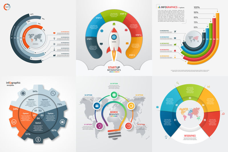 六个信息图5选项、步骤、部件、流程模板集