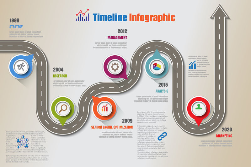 商业路线图时间线信息图形图标设计用于抽象背景模板里程碑元素现代图表处理技术数字营销数据表示图矢量插图