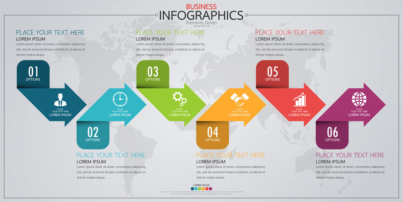 信息图表业务水平时间线流程图模板-矢量现代横幅-文本框用于表示和工作流布局图-网页设计-图6步骤选项的抽象元素