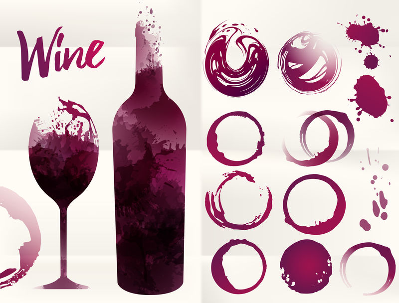 玻璃和酒瓶背景图-带斑点-酒渍适合你的设计-给红酒上色-矢量