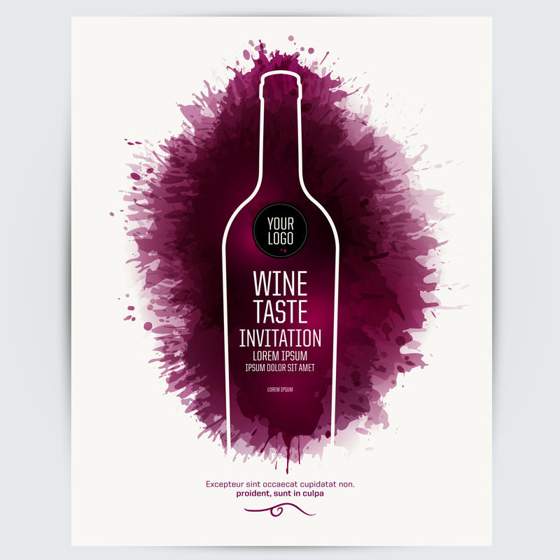 设计模板清单-品酒或邀请-插图一瓶葡萄酒-背景酒渍-富有表现力的质感-设计理念-矢量