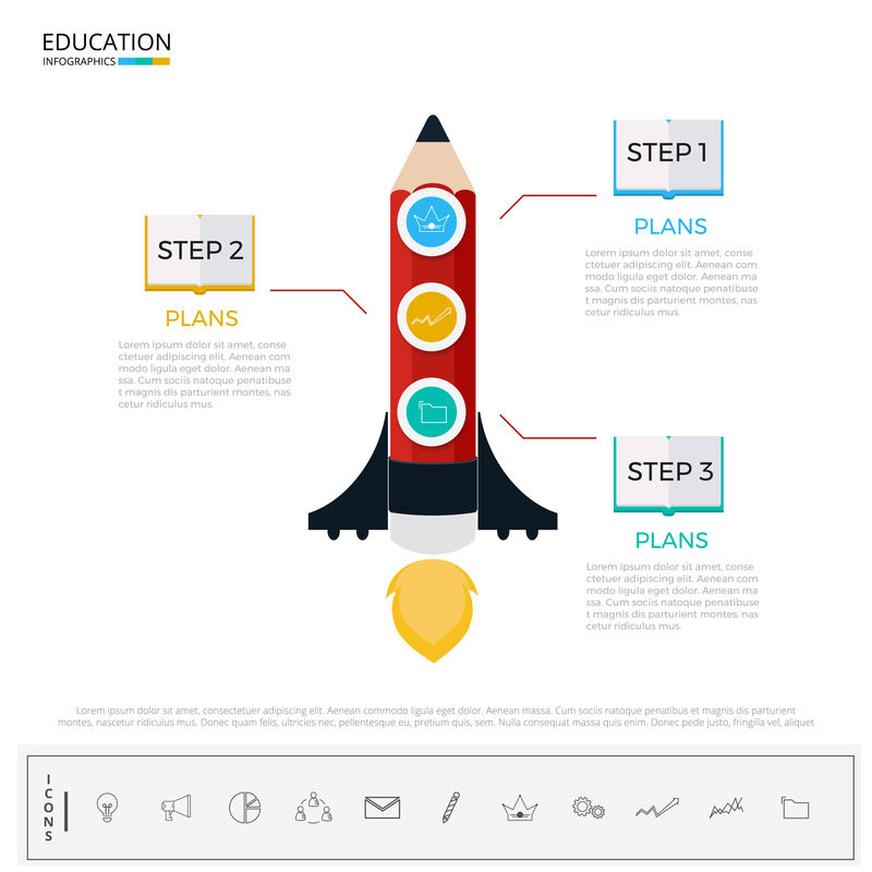 教育和毕业是成功的一步-铅笔火箭业务启动与图标和元素信息图形模板-可用于工作流布局、图表Web设计、矢量演示