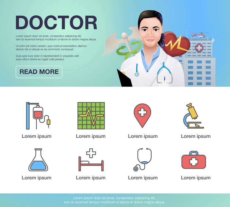 医生和医学图标设置，针点，健康，药物，字符设计。网站模板标题。平面矢量网络横幅。