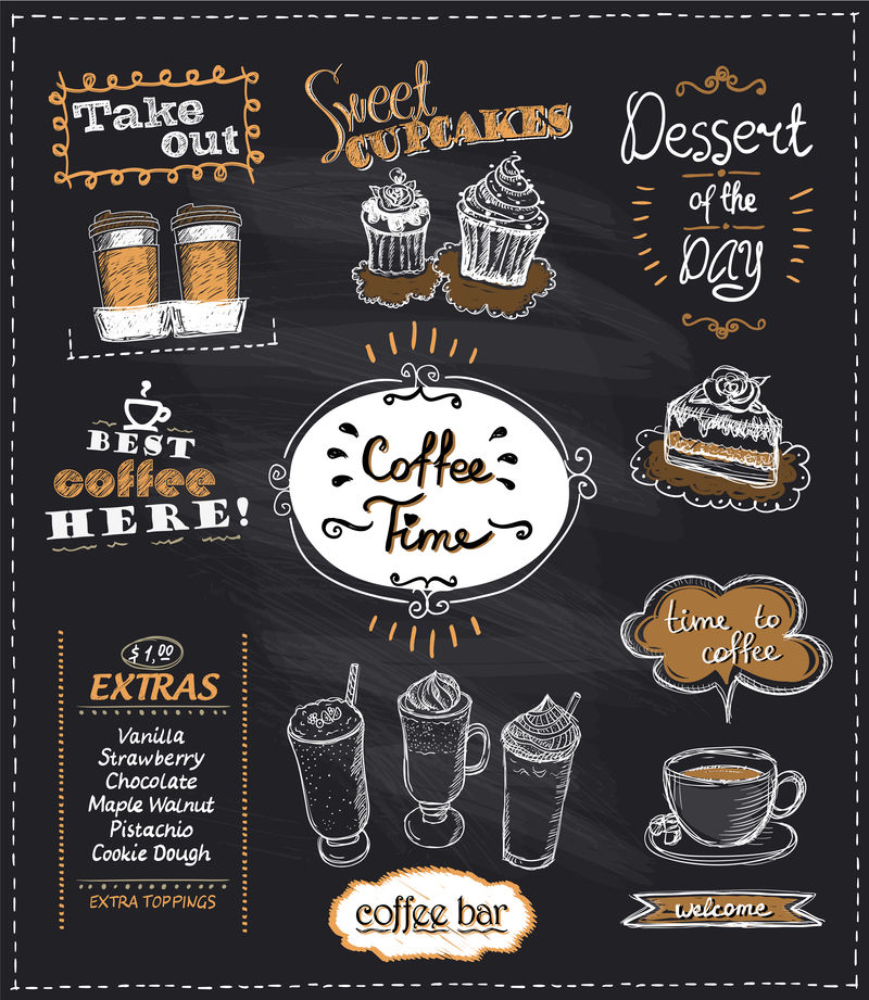 咖啡时间粉笔板设计为咖啡厅或餐厅设置。