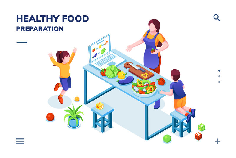 家庭烹饪健康或素食的厨房等距视图-准备素食的妇女和儿童-家庭食谱或在线食谱的智能手机应用页面-有机营养