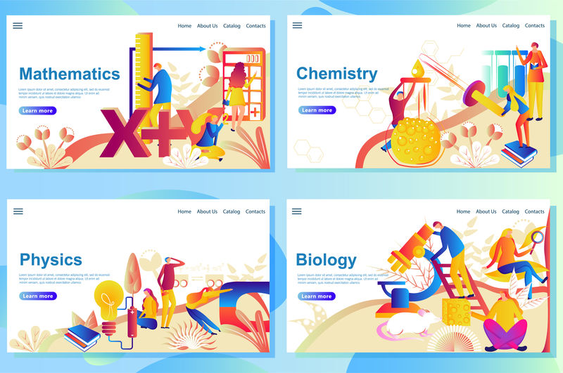 学校主题的网页设计模板集。数学、化学、物理和生物学。