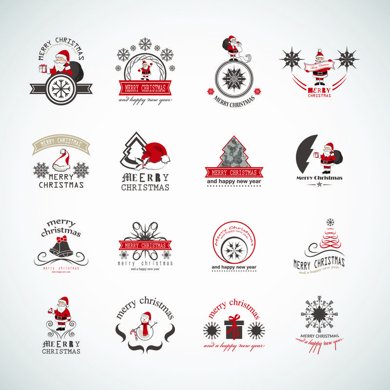 圣诞图标和元素设置-在灰色背景上隔离-矢量插图-标签-贴纸-圣诞树-圣诞老人图标和标志的圣诞图标集合-圣诞快乐版式