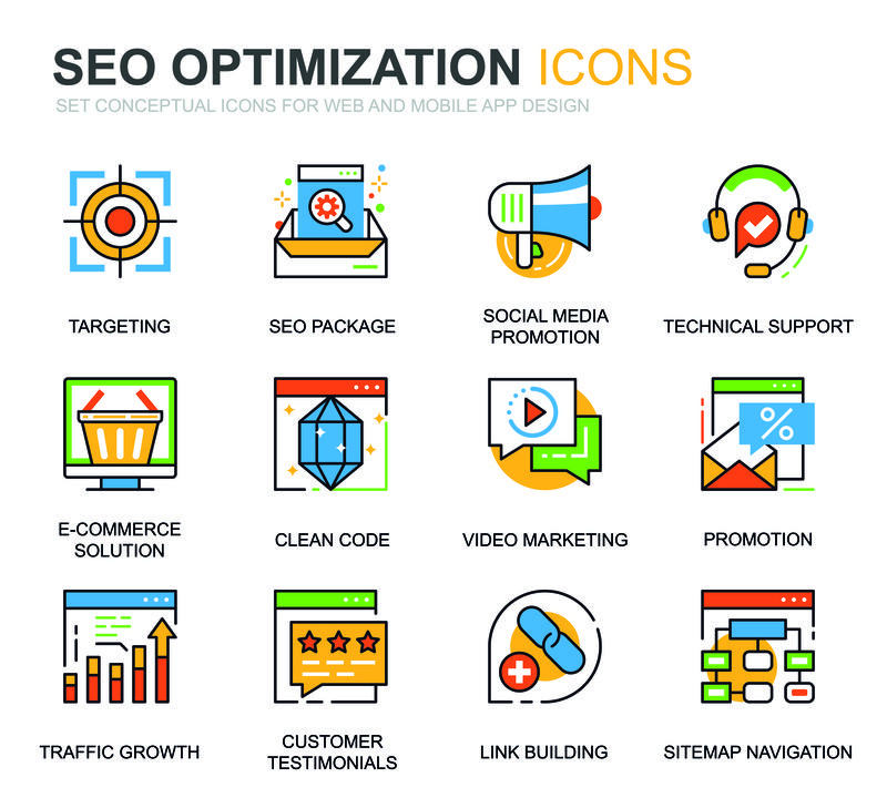 为网站和移动应用程序设置搜索引擎优化和网络优化线图标-包含目标、营销、流量增长等图标-概念颜色线图标-矢量象形图包