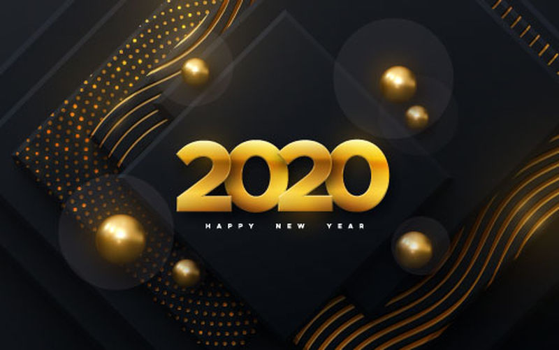 2020年新年快乐-矢量假日插图-剪纸金色数字-黑色几何背景-节日活动横幅-有闪光、波浪图案和球的纸形状-海报或封面设计