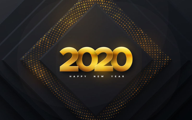 2020年新年快乐-矢量假日插图-黑色几何背景上的剪纸金色数字-节日活动横幅-纸的形状和闪光-海报或封面设计的装饰元素