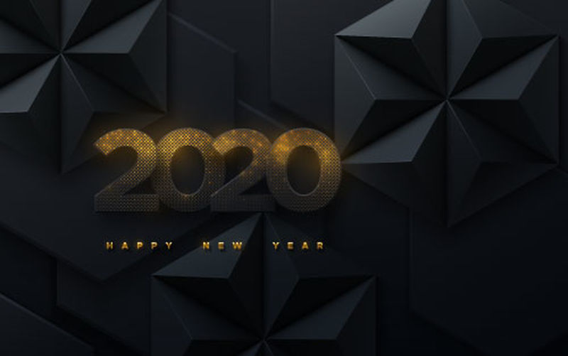 2020年新年快乐-矢量假日插图-有金色闪光的黑色纸号码-六边形的几何背景-节日横幅-海报或封面设计的装饰元素