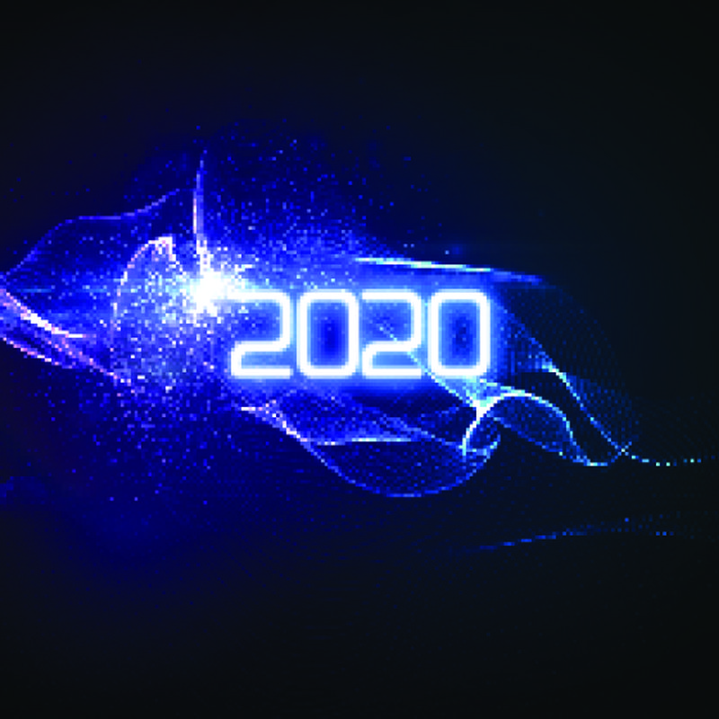 2020年新年快乐-未来发光霓虹灯与爆裂的光线飞溅-矢量假日插图-庆祝2020年新年党标-设计装饰元素