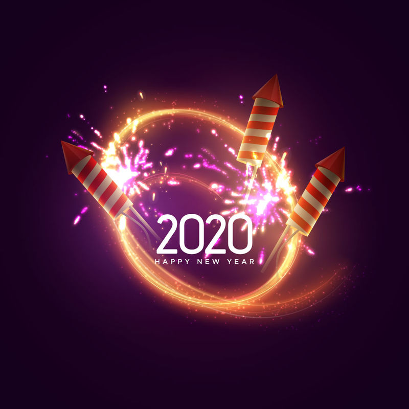 2020年-新年快乐-假日矢量图-节日灯饰横幅上有闪闪发光的焰火火箭、焰火、闪光灯和文字标签-新年海报模板设计