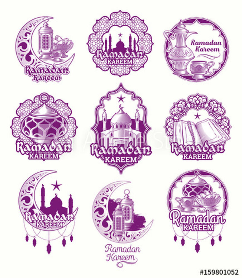 设置紫色插图-带有灯笼的斋月卡里姆标志-清真寺的塔楼-白色上独立的新月形图案